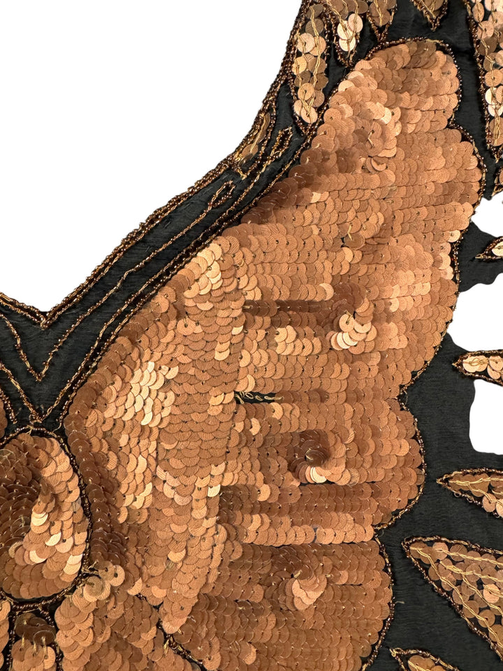 Sequined Black and Gold Butterfly Silk Top - L