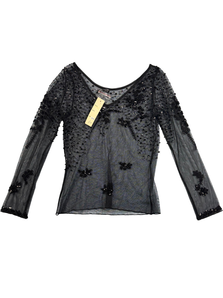 Sheer Black Embellished Long Sleeved Blouse - S - Think Vintage