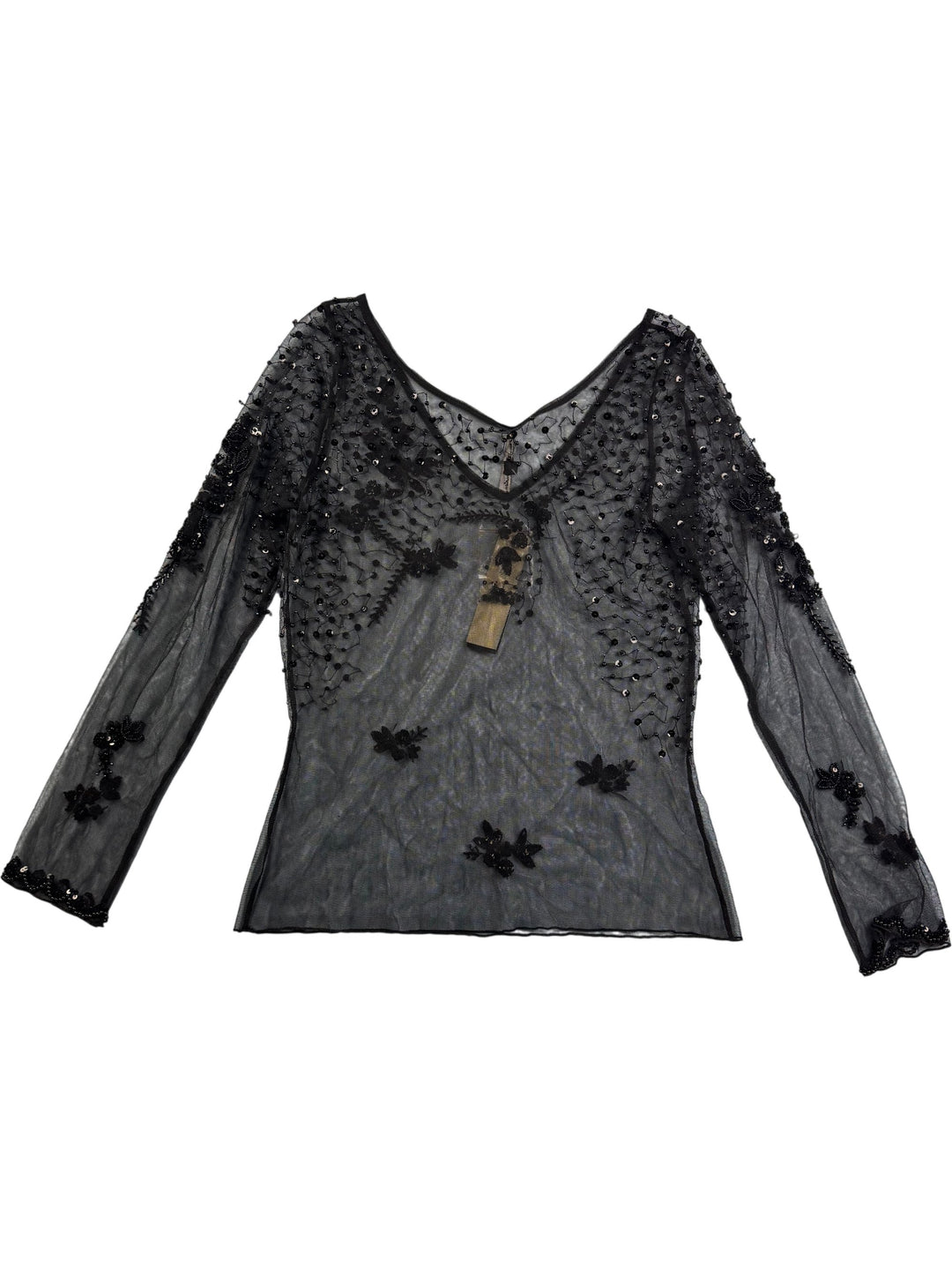 Sheer Black Embellished Long Sleeved Blouse - S - Think Vintage