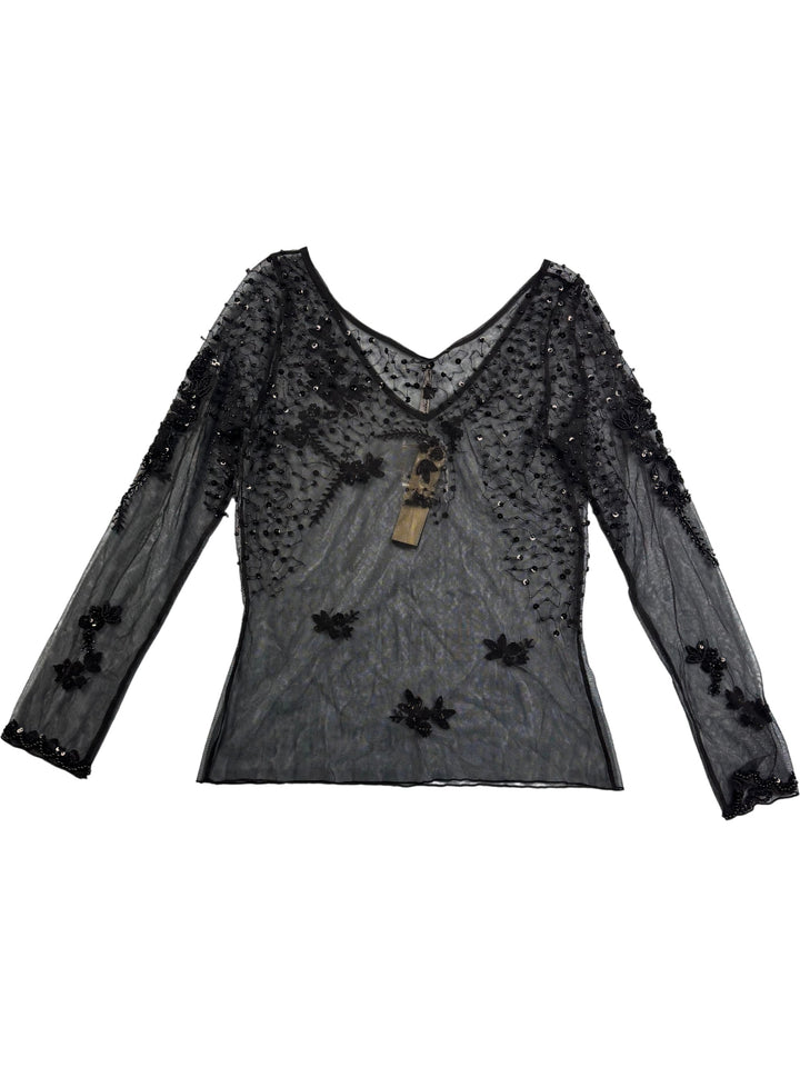 Sheer Black Embellished Long Sleeved Blouse - S - Think Vintage