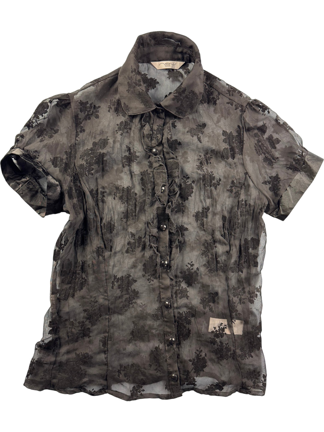 Sheer Black Floral Blouse - S - Think Vintage