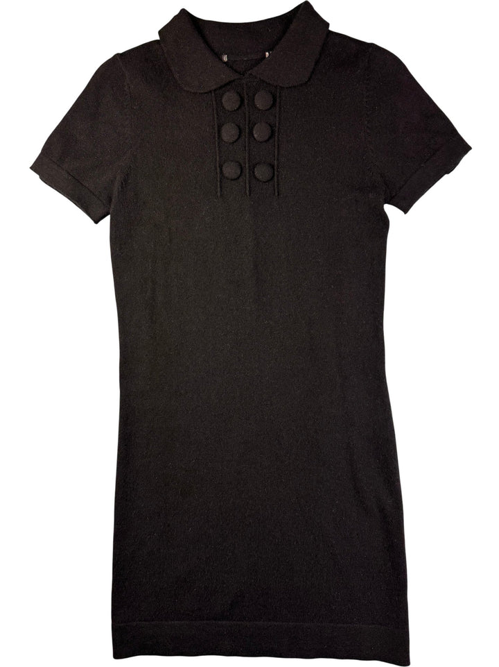 Short Sleeved Black Dress With Button Detail - S - Think Vintage ltd