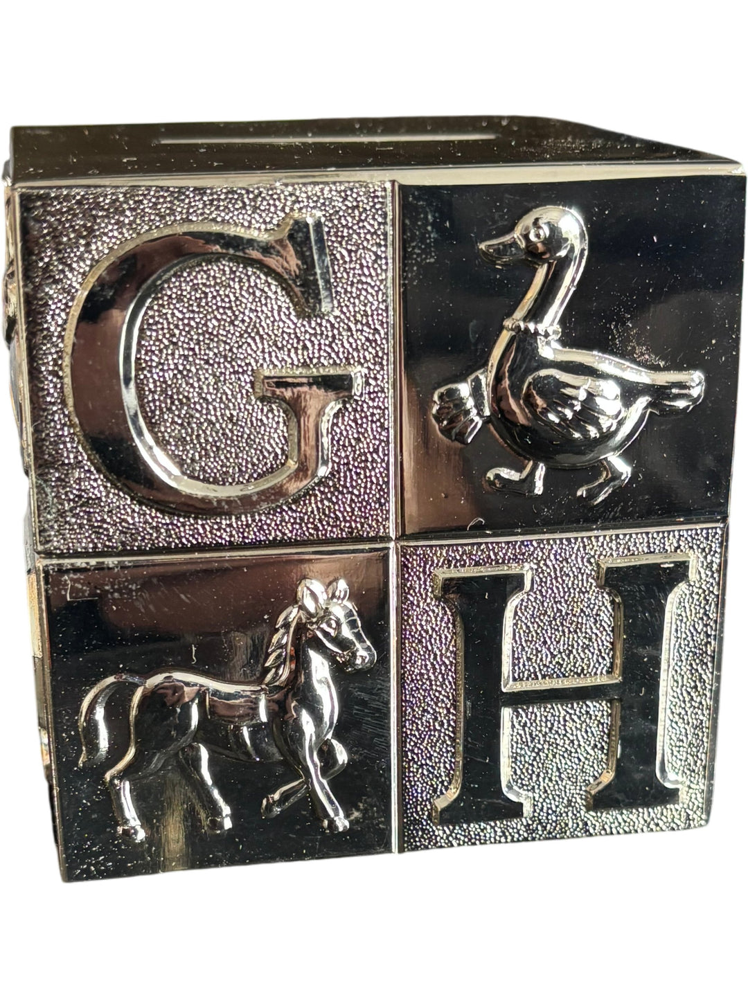 Silver Alphabet Block Moneybox Piggy Bank with Gift Box Baby Shower - Think Vintage