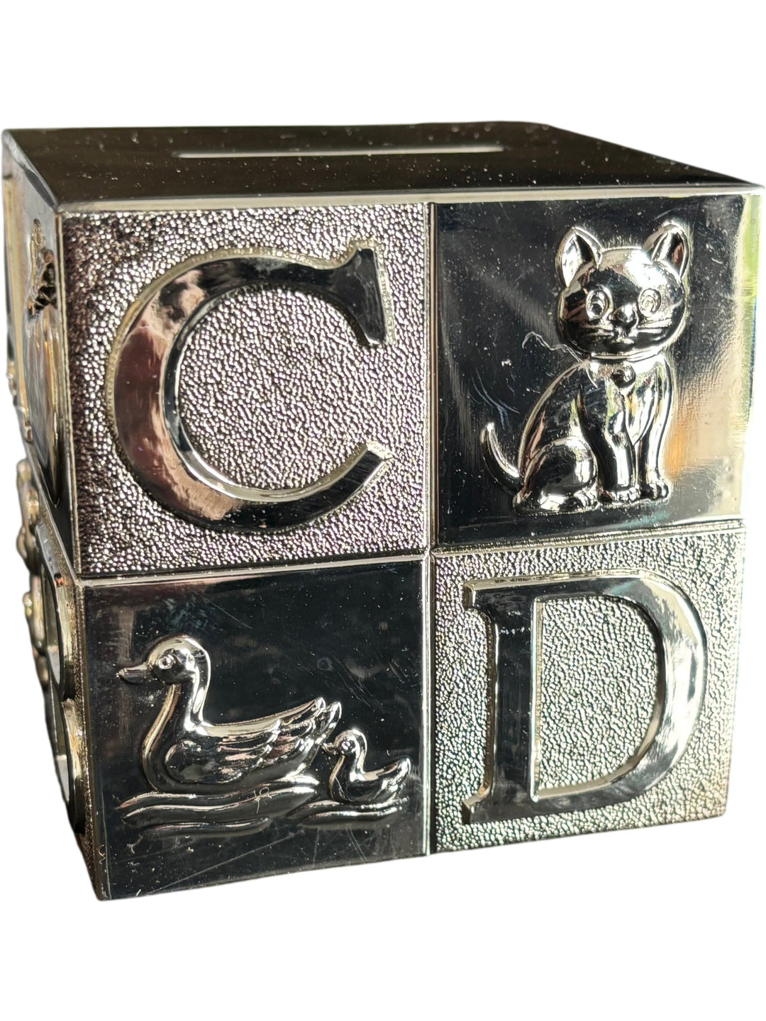 Silver Alphabet Block Moneybox Piggy Bank with Gift Box Baby Shower - Think Vintage Online Ltd