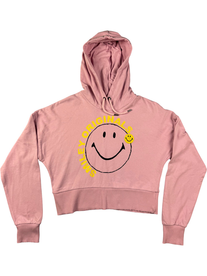 Smiley World Pink Crop Hoodie - M - Think Vintage