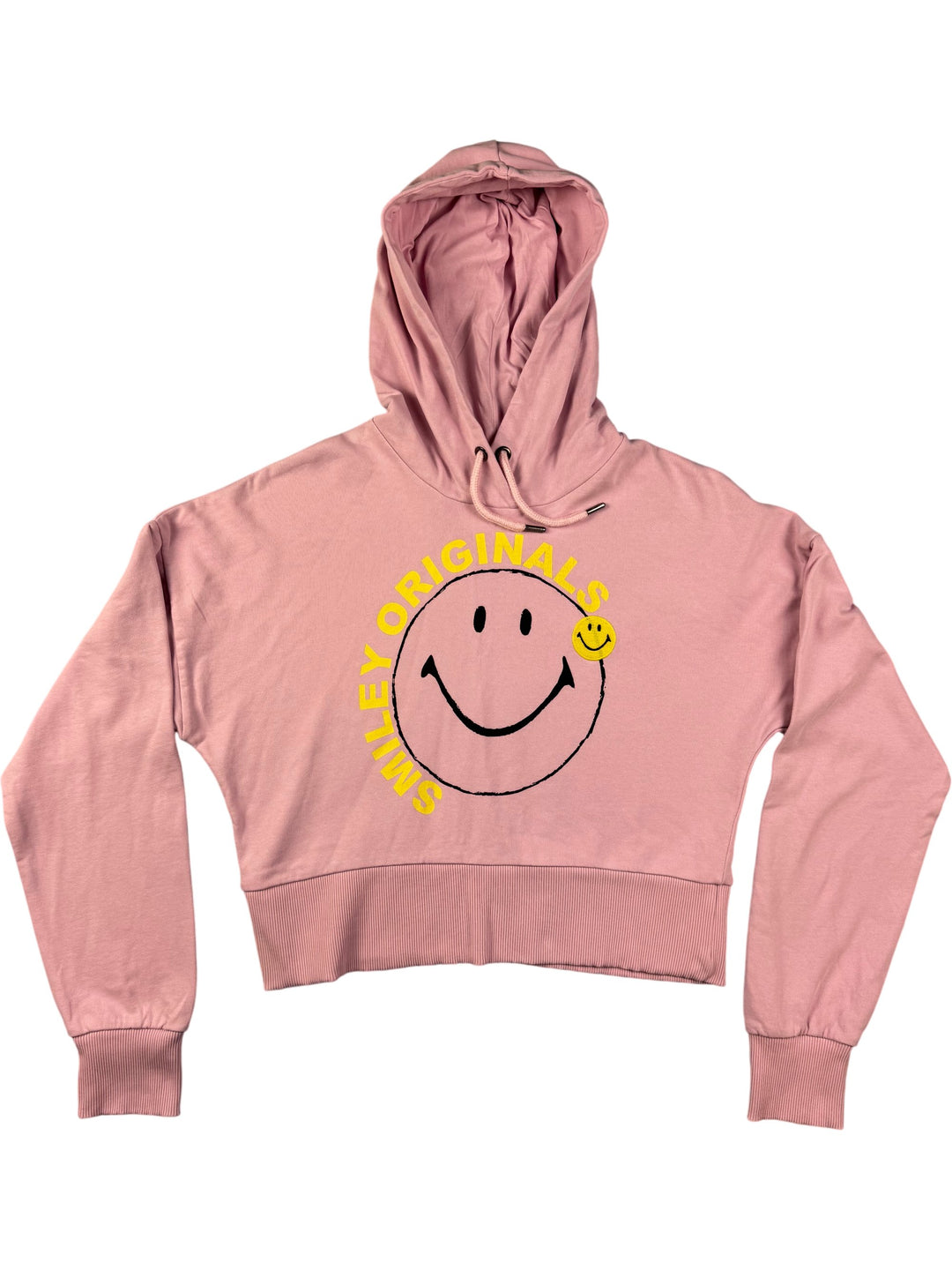 Smiley World Pink Crop Hoodie - M - Think Vintage Online Ltd