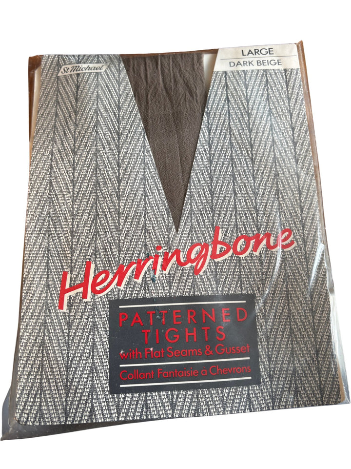 St Michael Herringbone Patterned Tights Dark Beige - Think Vintage ltd