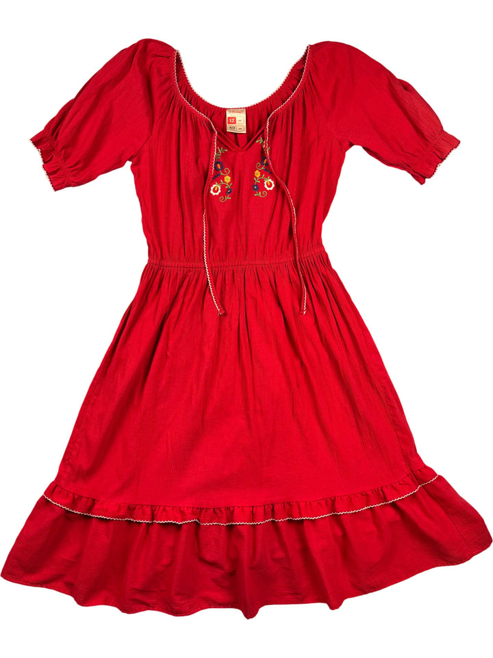 St Michael Red Embroidered Dress - M - Think Vintage