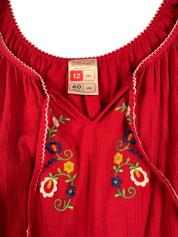 St Michael Red Embroidered Dress - M - Think Vintage
