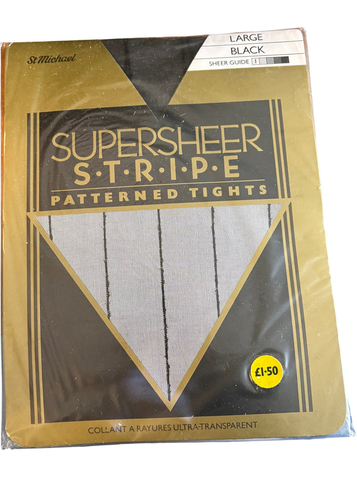 St Michael Supersheer Stripe Patterned Tights Black - Think Vintage ltd