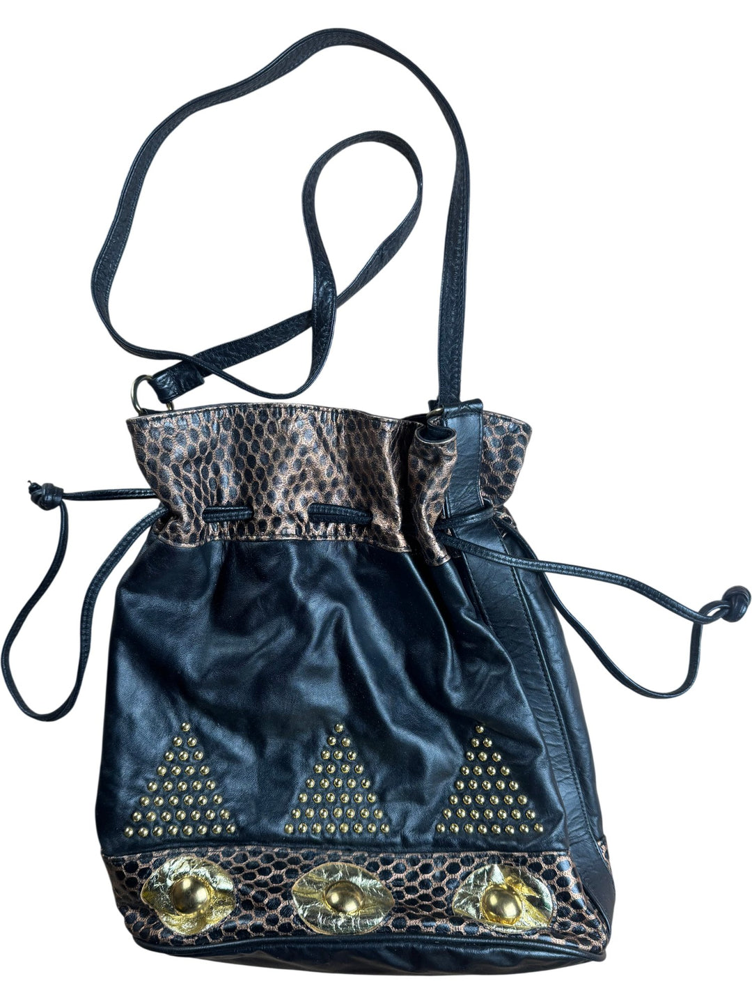 Studded Black Leather Bucket Bag - Think Vintage ltd