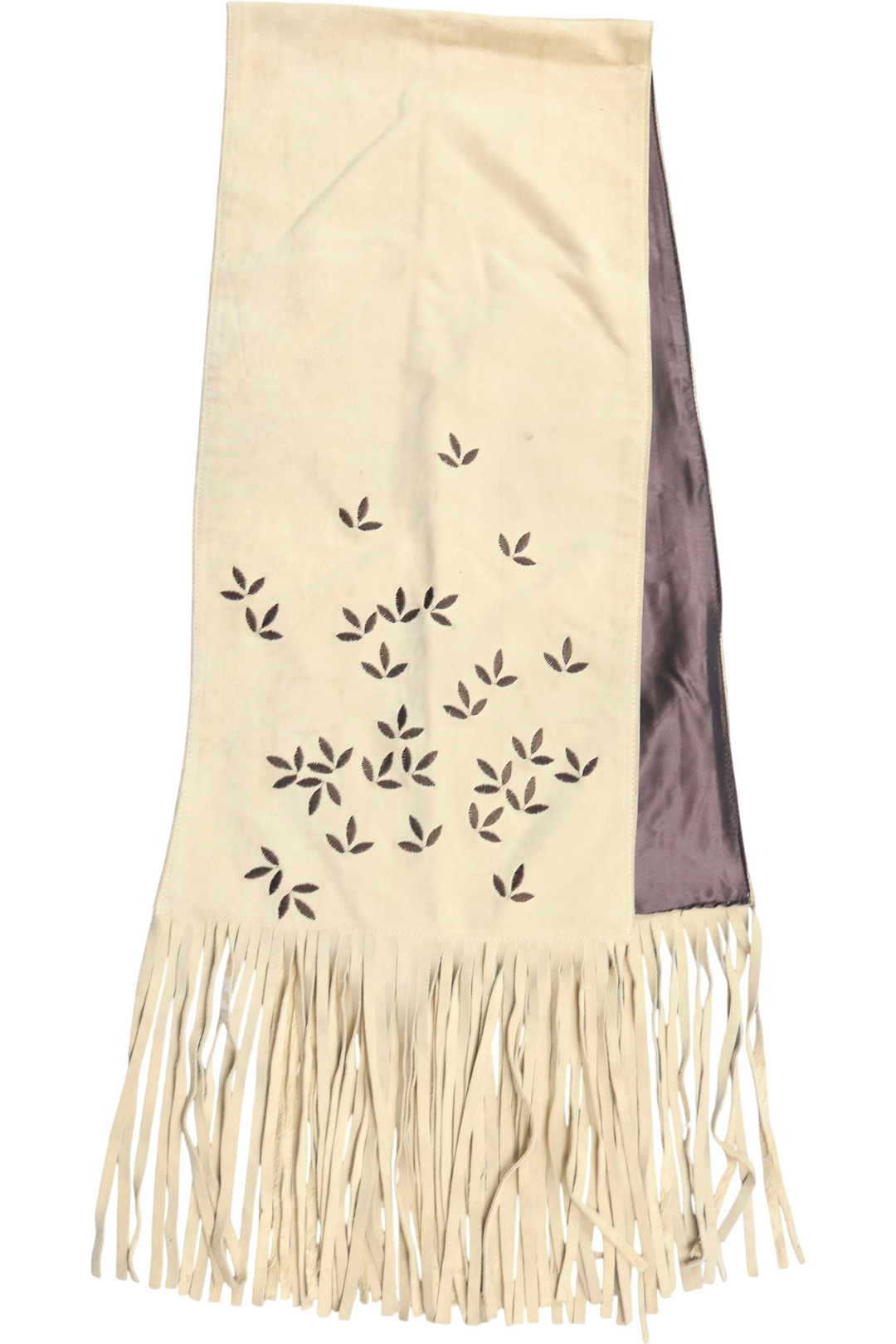 Suede Scarf With Fringe and Leaf Pattern - Think Vintage ltd