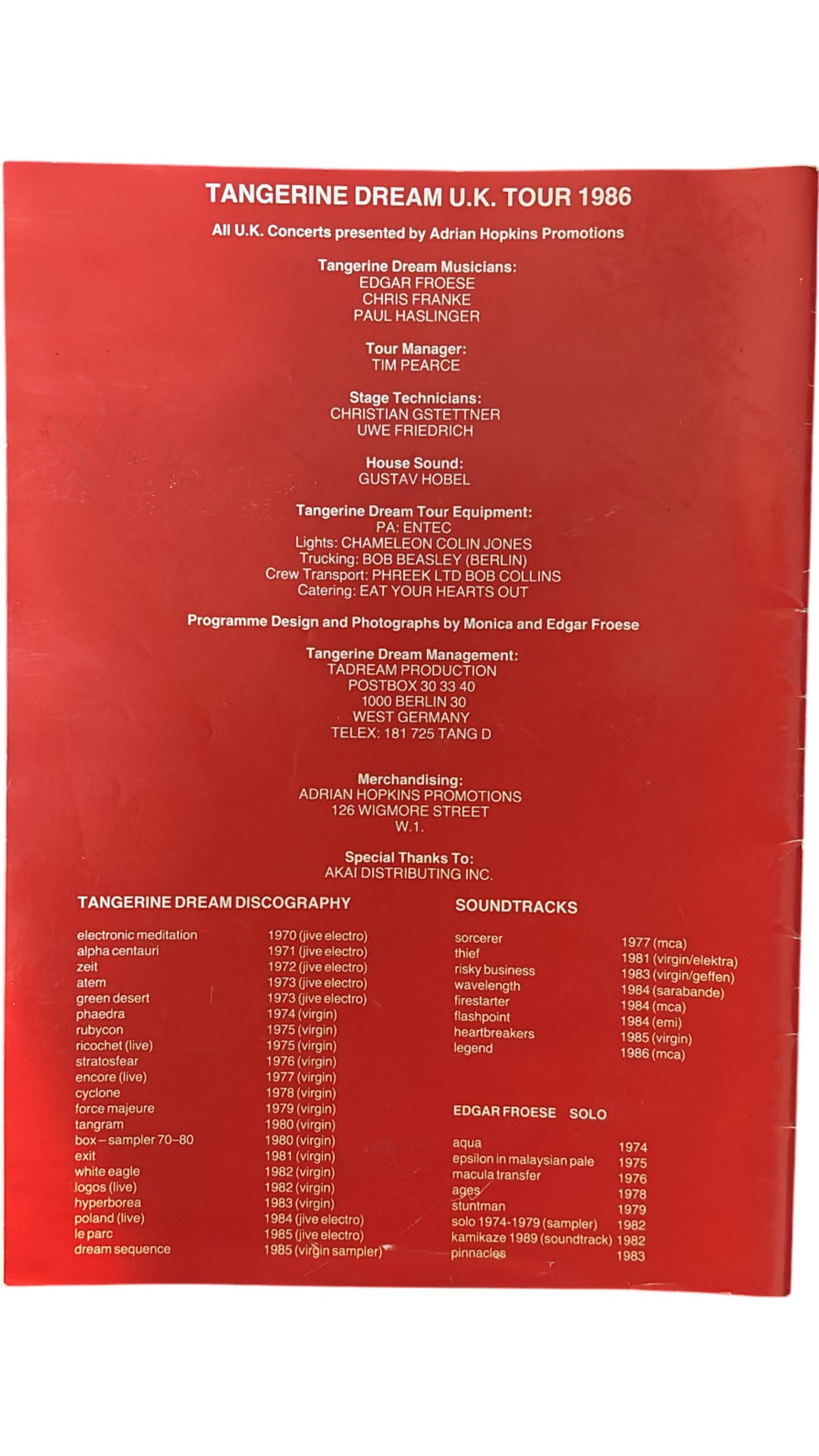 Tangerine Dream UK Tour 1986 Programme Collectable Memorabilia