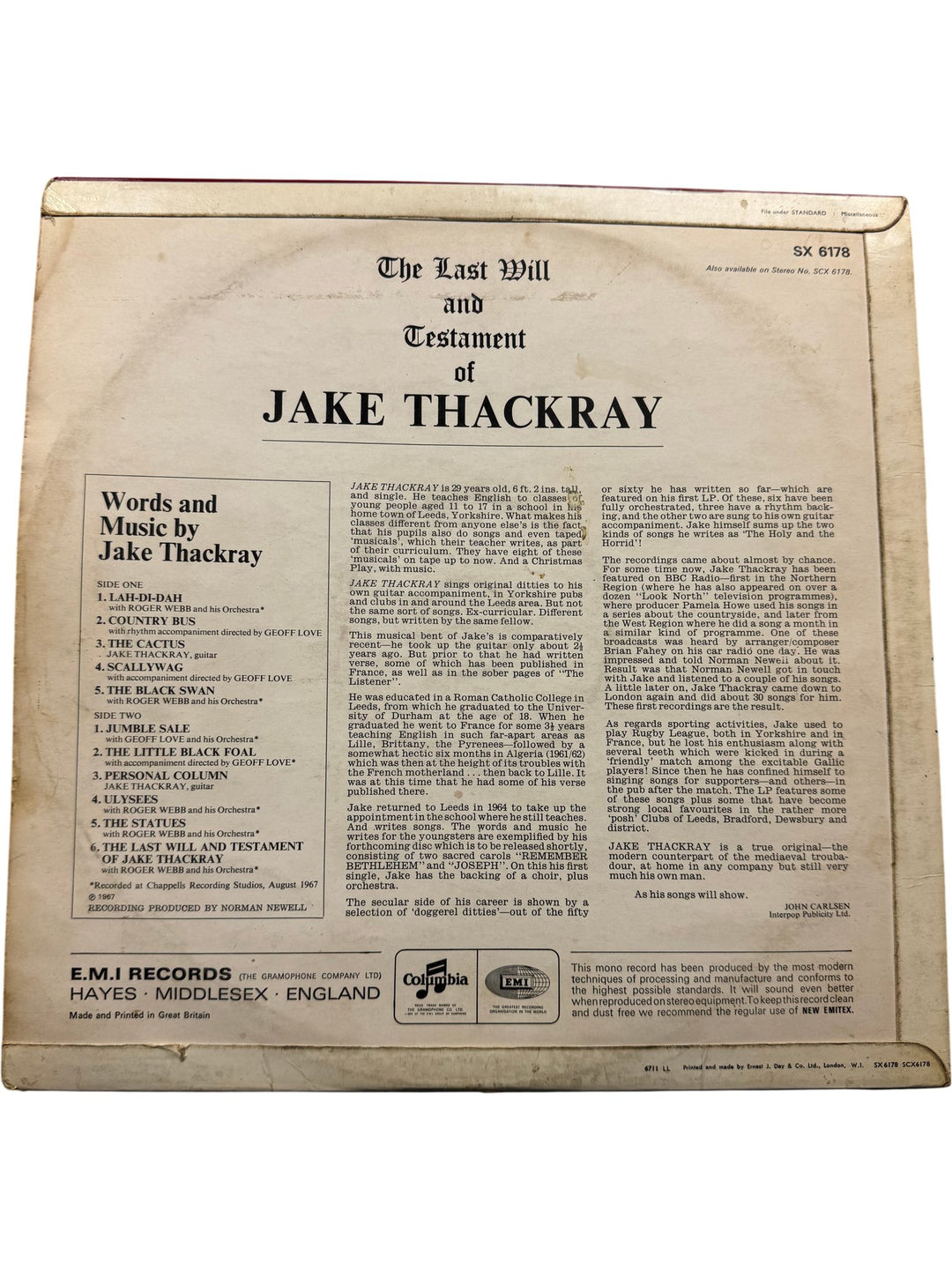 The Last Will And Testament Of Jake Thackray Vinyl - Think Vintage ltd