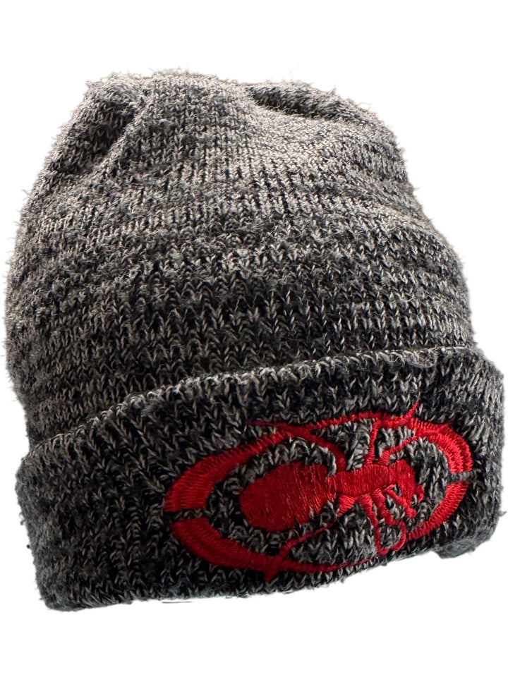 The Prodigy Grey Knit Beanie with Red Logo