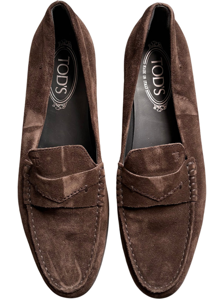 Tods Brown Suede Loafers - 6.5 - Think Vintage ltd