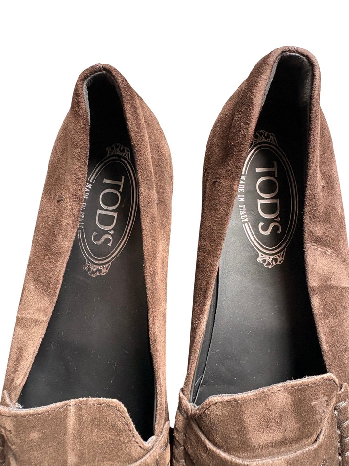 Tods Brown Suede Loafers - 6.5 - Think Vintage ltd