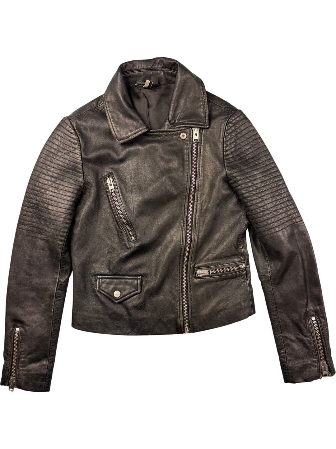 Topshop Black Leather Biker Jacket - XS - Think Vintage ltd