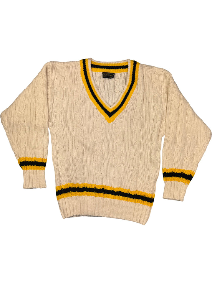 Toscani White Cable Knit V-Neck Sweater - S - Think Vintage