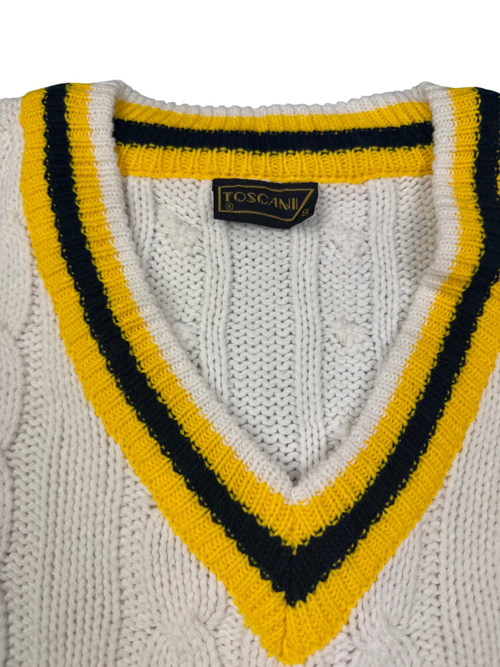Toscani White Cable Knit V-Neck Sweater - S - Think Vintage Online Ltd