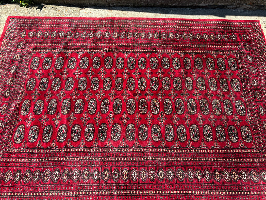Traditional Pakistan Bokhara Red Patterned Rug 8 x 5.2 ft for Living Room Decor - Think Vintage