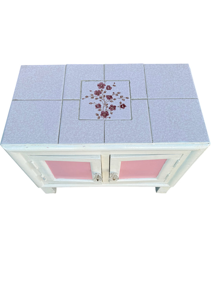 Two-Tone Wooden Cabinet With Floral Tile Top - Think Vintage