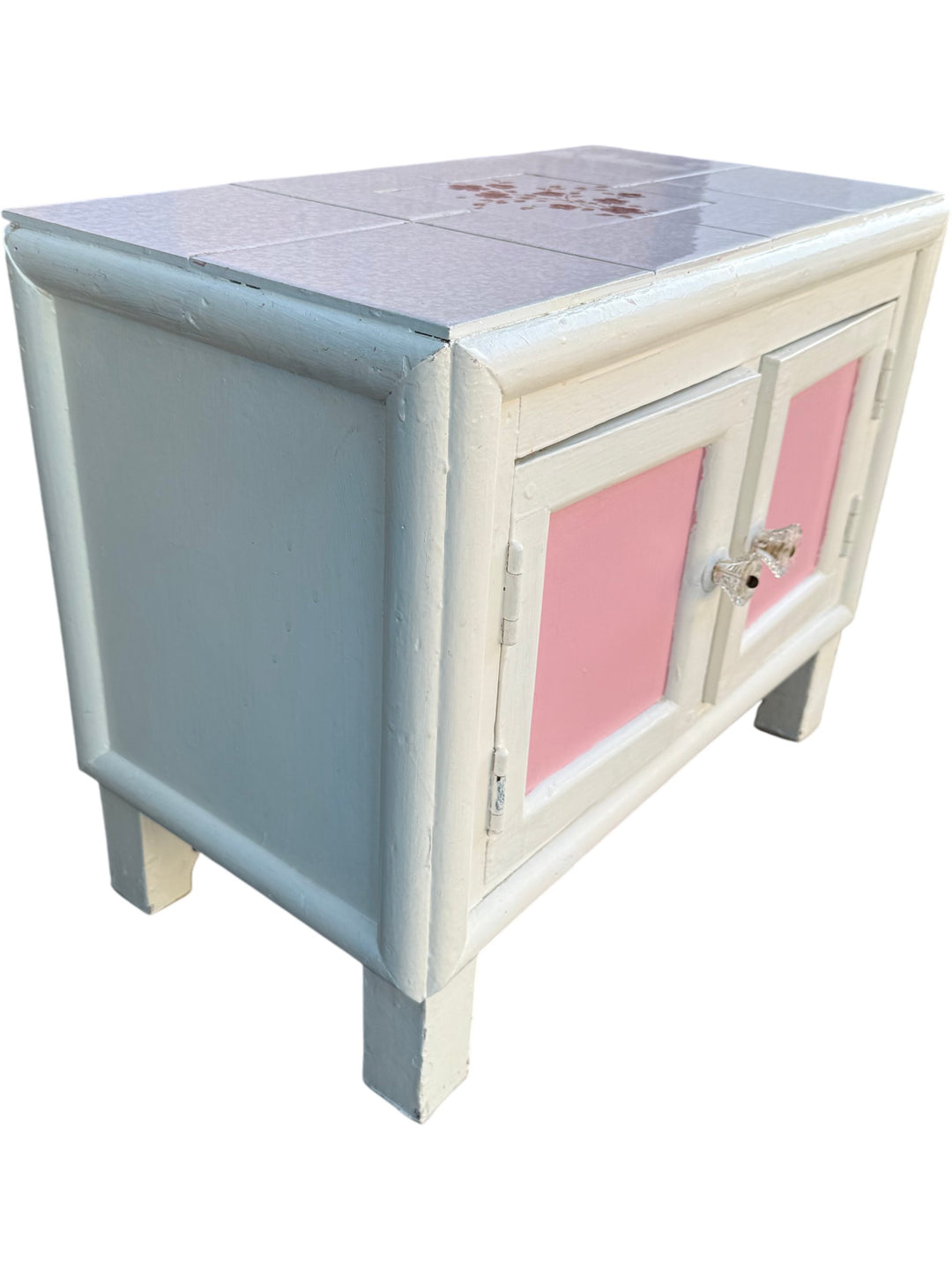 Two-Tone Wooden Cabinet With Floral Tile Top - Think Vintage