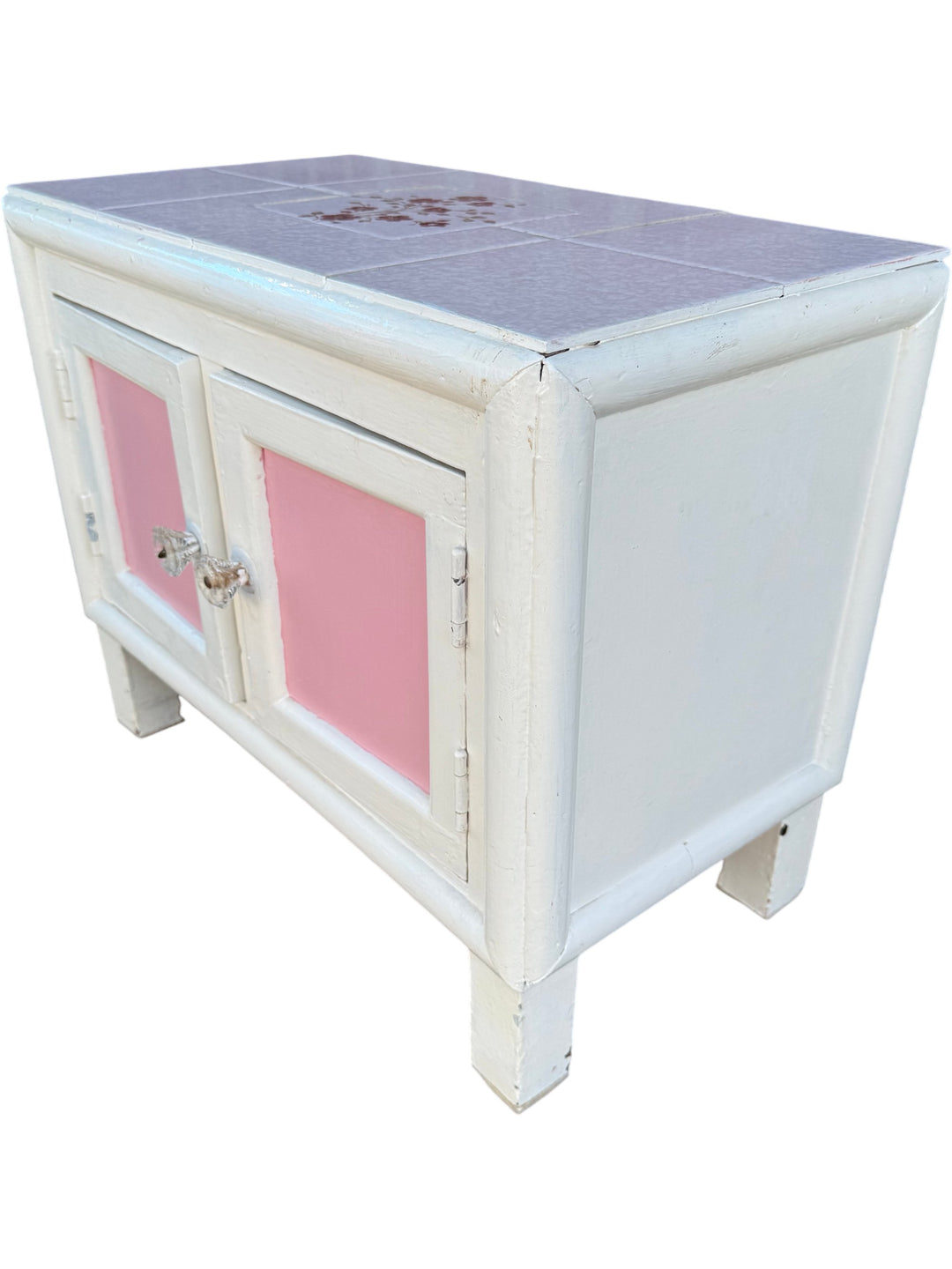 Two-Tone Wooden Cabinet With Floral Tile Top - Think Vintage