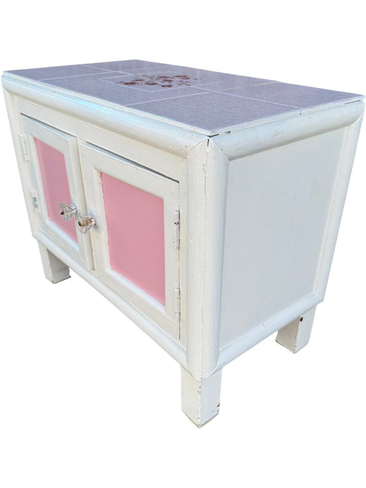 Two-Tone Wooden Cabinet With Floral Tile Top - Think Vintage