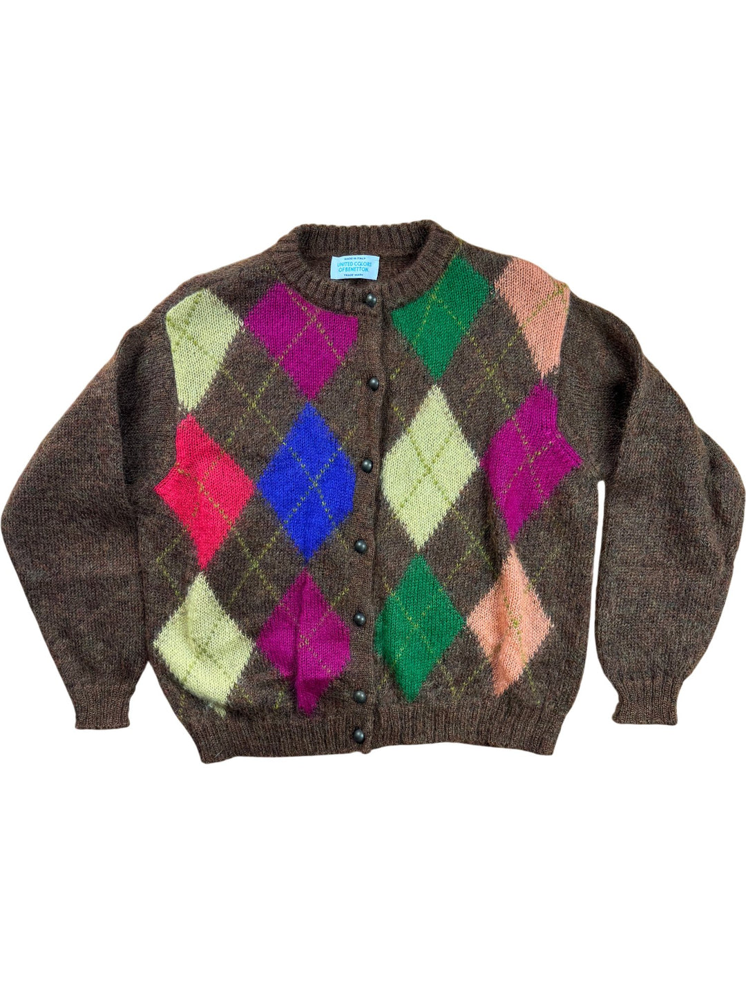 United Colors Of Benetton Argyle Wool Cardigan - XL - Think Vintage ltd