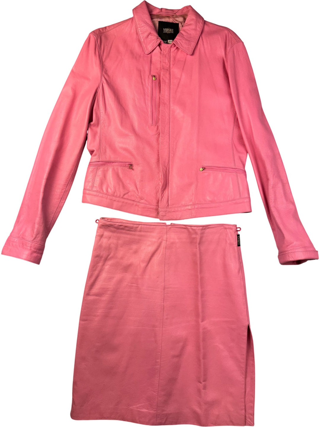 Versace Pink Leather Jacket and Skirt Set - W30 - Think Vintage ltd