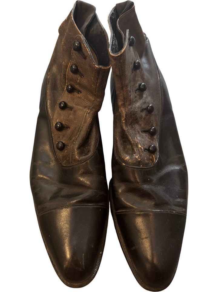 Victorian Grey and Black Leather Button-Up Boots - Size 8 - Think Vintage ltd