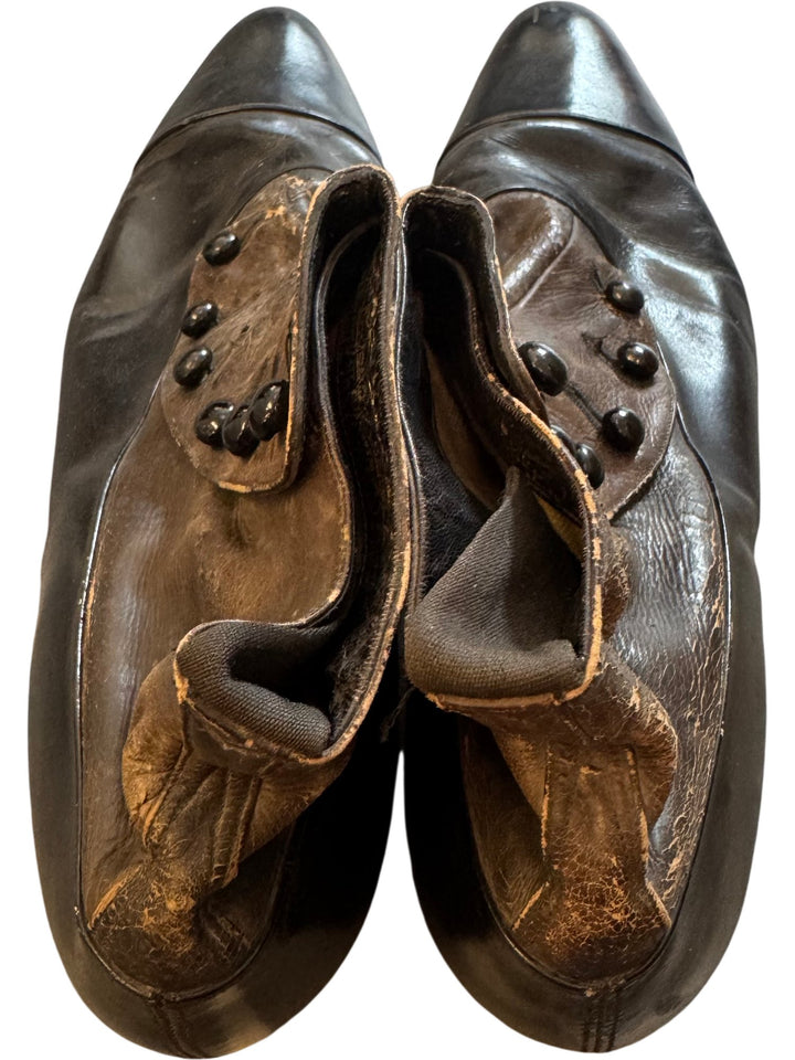 Victorian Grey and Black Leather Button-Up Boots - Size 8 - Think Vintage ltd