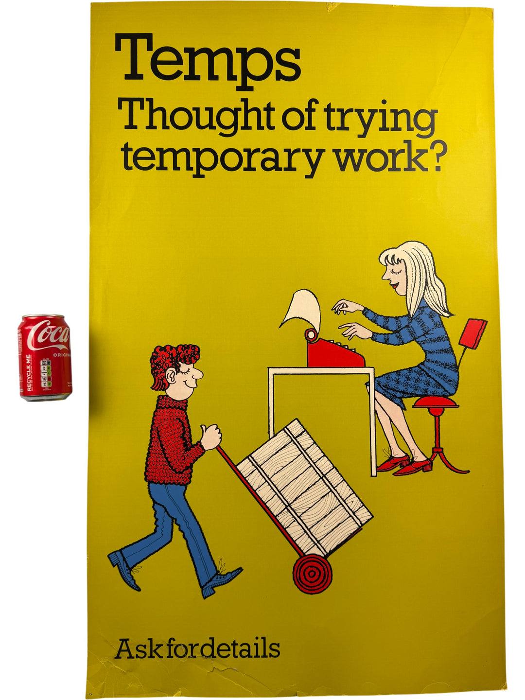 Vintage 1970s Temp Work Poster Yellow Comic Style Art - Think Vintage