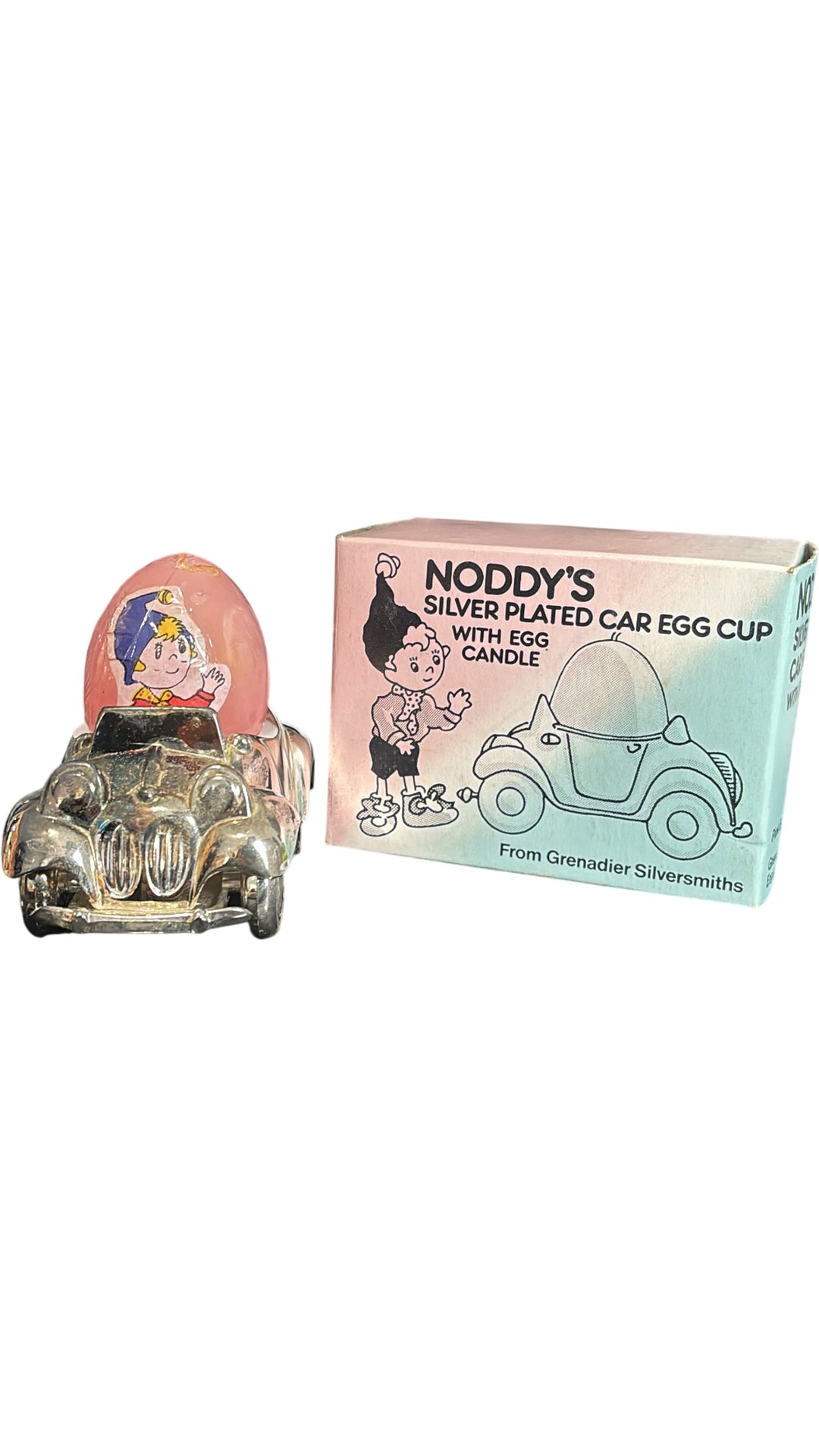 Vintage 1979 Noddy Silver Plated Car Egg Cup with Egg Candle by Grenadier - Think Vintage Online Ltd