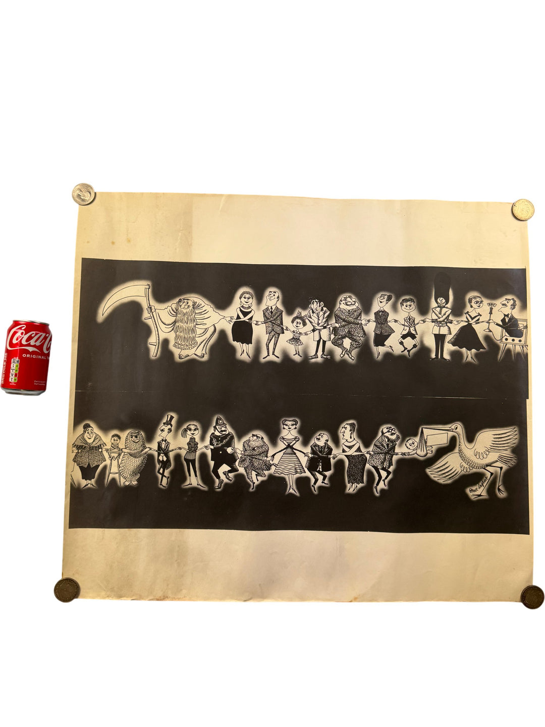 Vintage BBC TV NYE 1956 Black and White Art Poster with Drawn Characters - Think Vintage