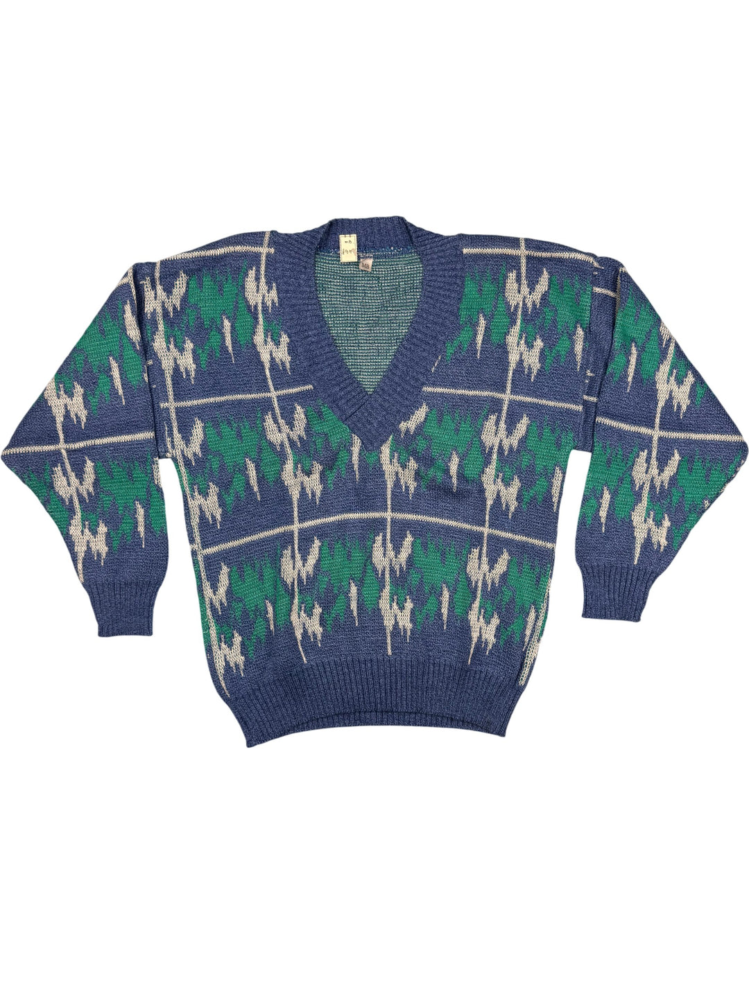 Vintage Blue and Green Patterned V-Neck Sweater - M - Think Vintage
