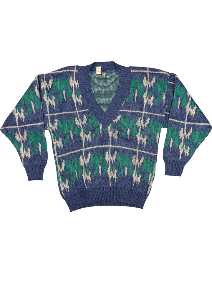 Vintage Blue and Green Patterned V-Neck Sweater - M - Think Vintage