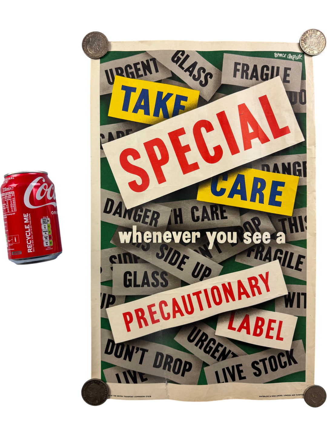 Vintage Bruce Angrave Poster With Special Care Precautionary Labels Design Art - Think Vintage