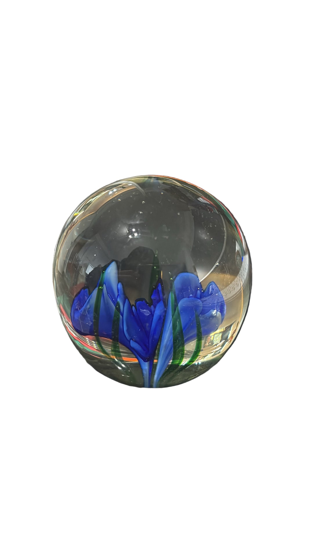 Vintage Glass Paperweight With Blue Flower Art Decorative - Think Vintage