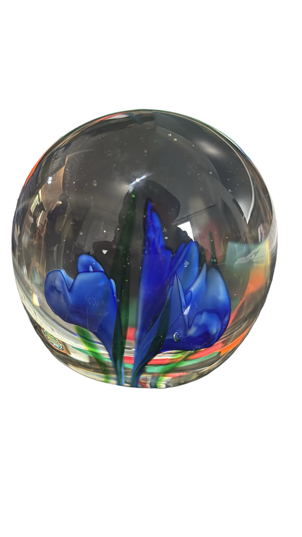 Vintage Glass Paperweight With Blue Flower Art Decorative - Think Vintage