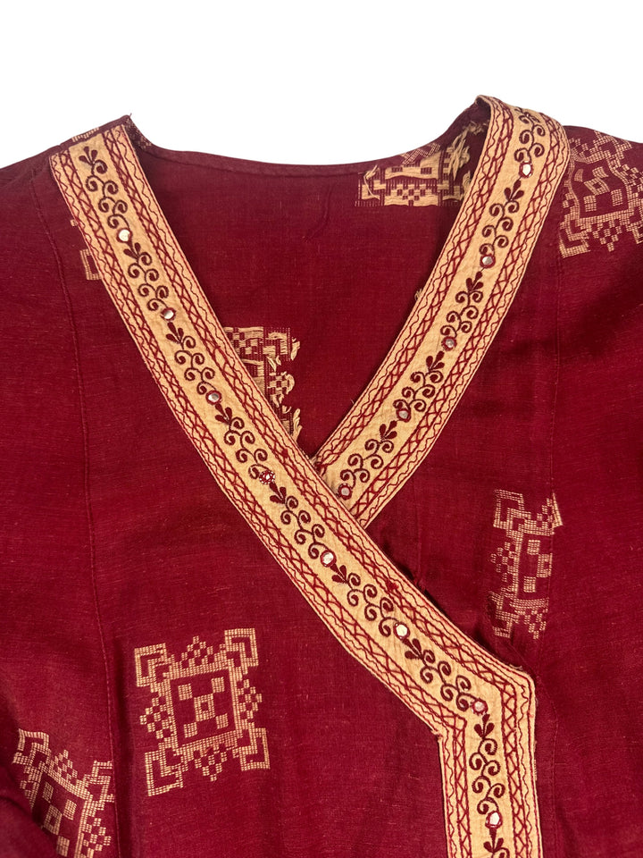 Vintage Indian Red Embroidered Long Sleeve Dress - M - Think Vintage ltd