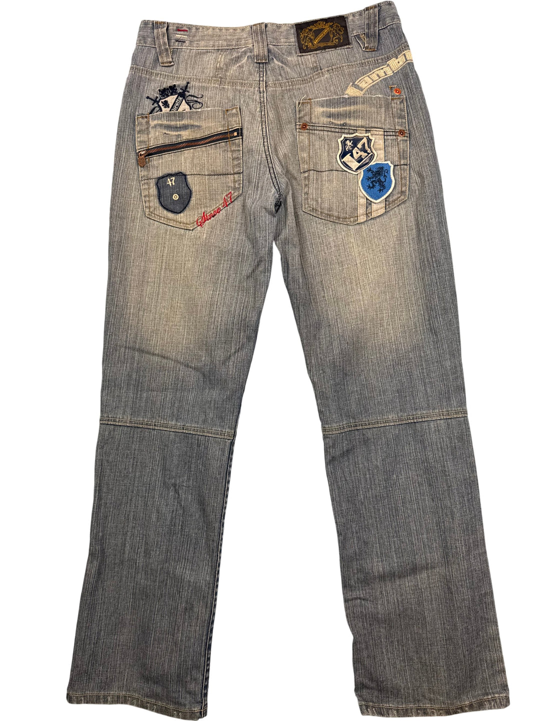 Vintage Lambretta Embroidered Grey Denim Jeans - W34 L32 - Think Vintage Online Ltd