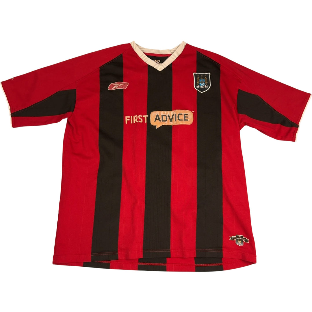Vintage Manchester City Red Black Striped Football Shirt - Think Vintage