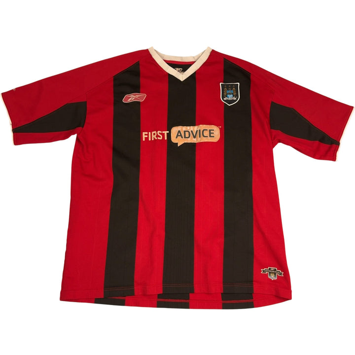 Vintage Manchester City Red Black Striped Football Shirt - Think Vintage Online Ltd