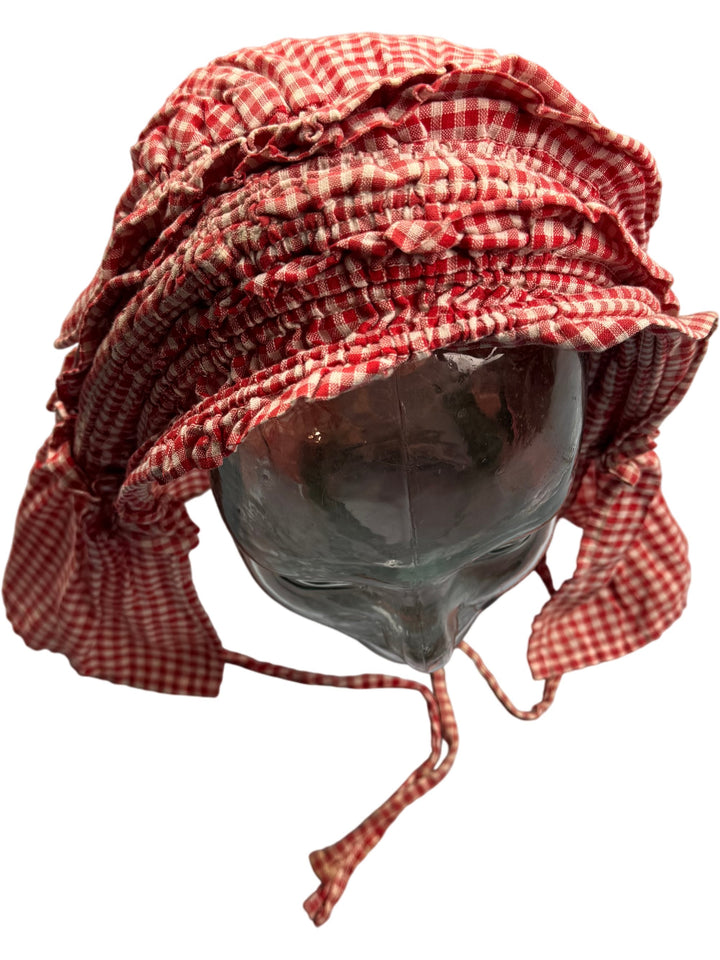 Vintage Red Checkered Bonnet Hat - Think Vintage Online Ltd