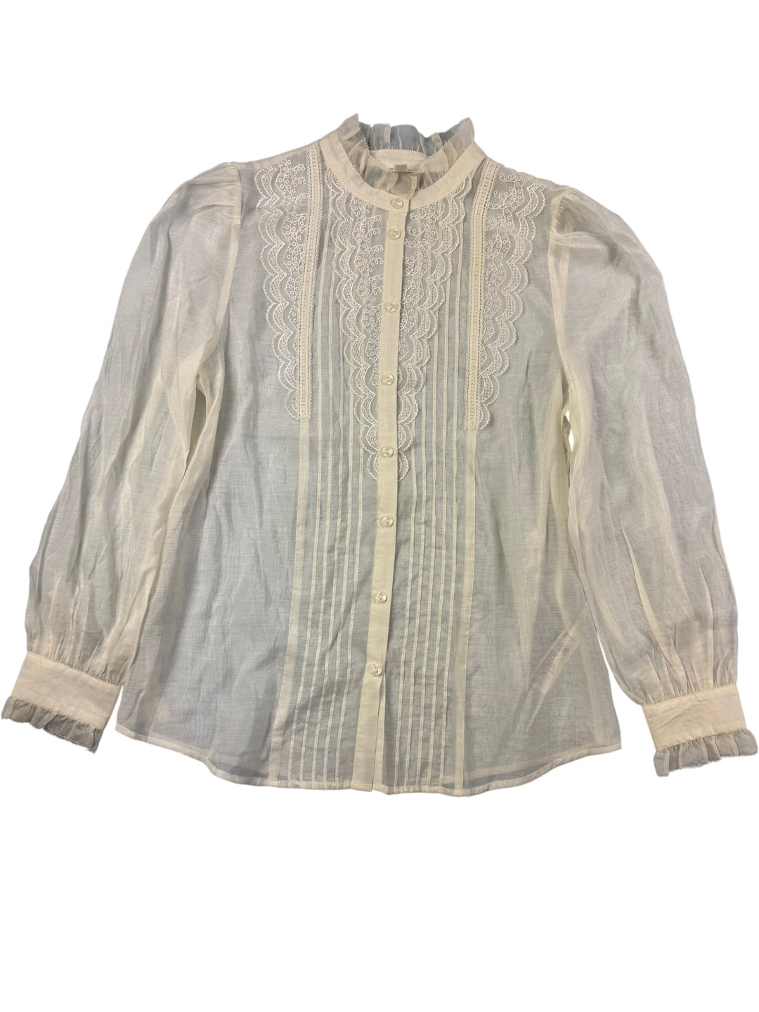 Vintage Sheer Monsoon Lace Trim Long Sleeve Blouse - M - Think Vintage