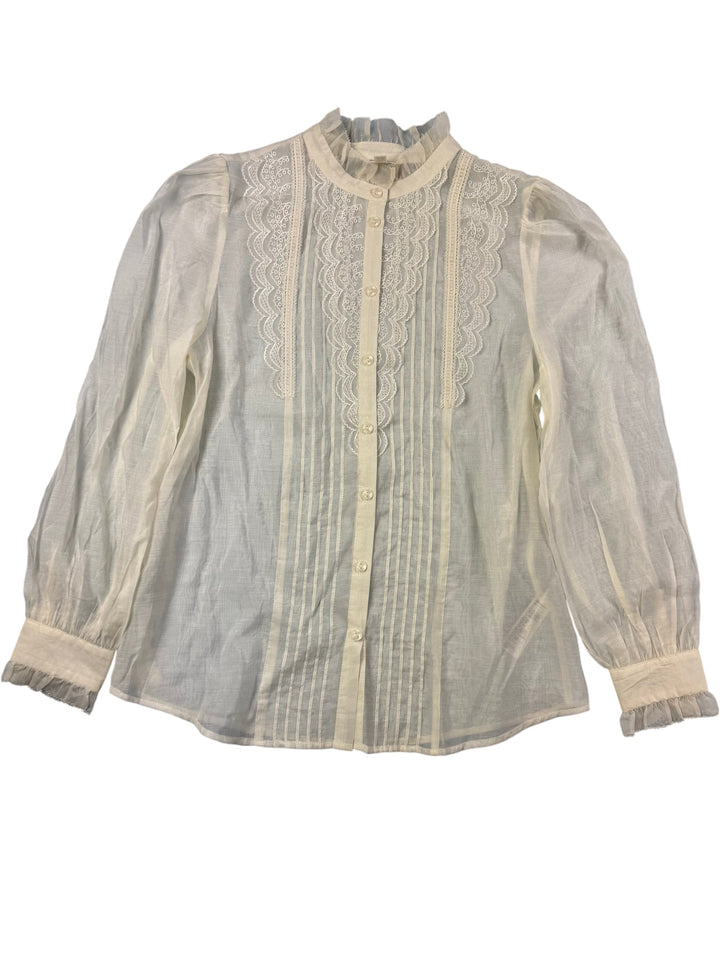 Vintage Sheer Monsoon Lace Trim Long Sleeve Blouse - M - Think Vintage