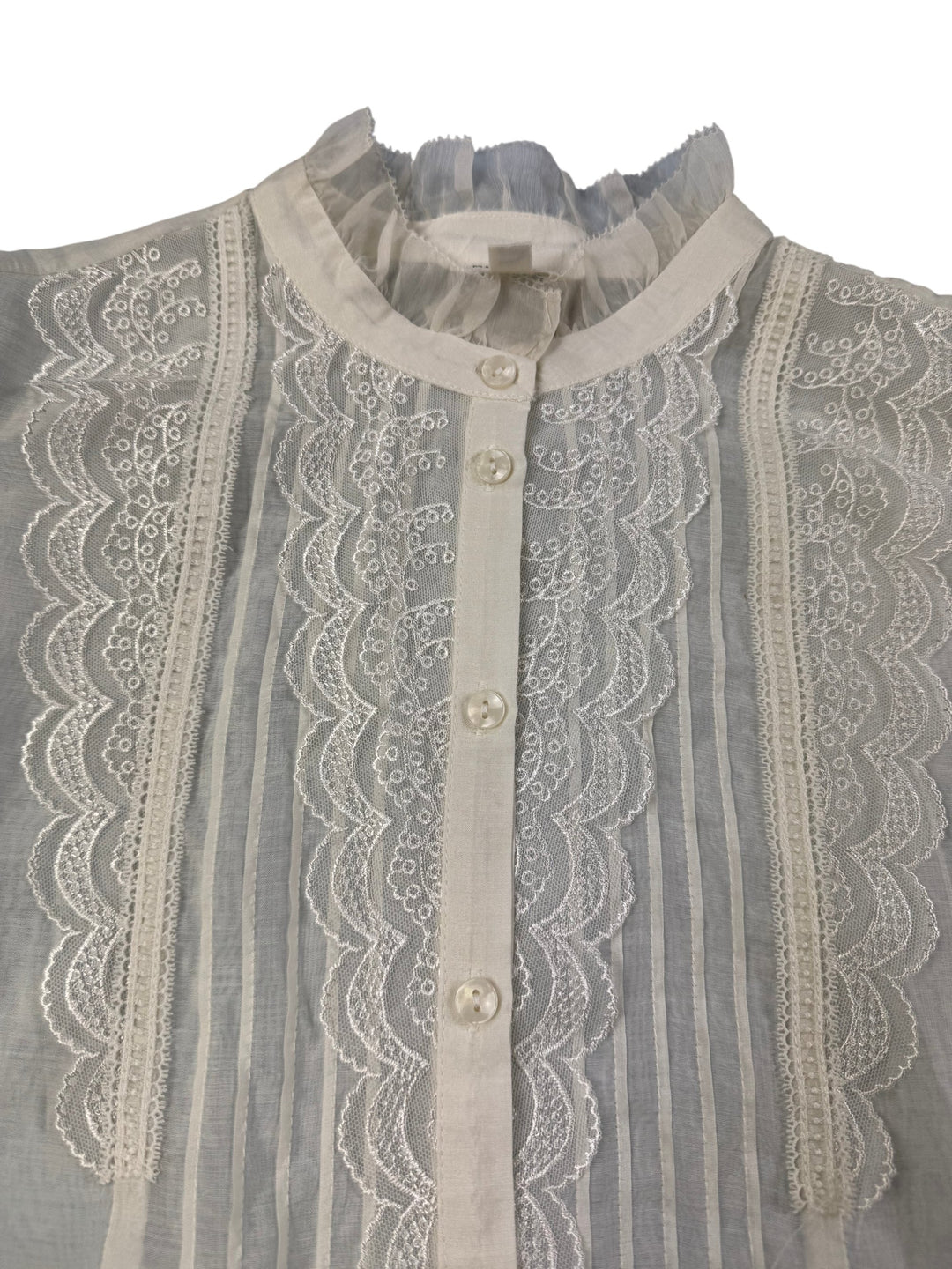 Vintage Sheer Monsoon Lace Trim Long Sleeve Blouse - M - Think Vintage