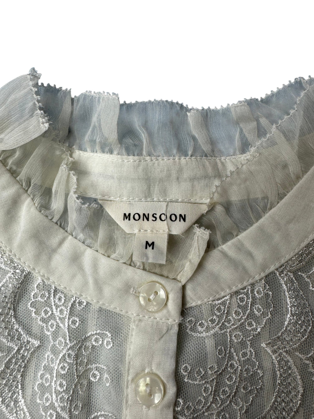 Vintage Sheer Monsoon Lace Trim Long Sleeve Blouse - M - Think Vintage